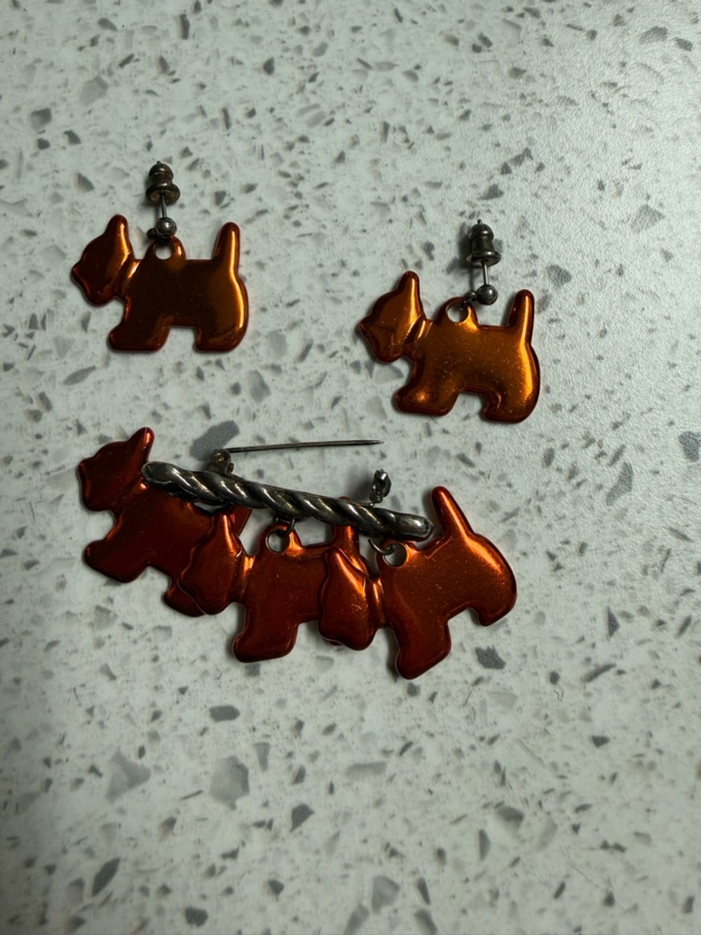 Vintage 80s Scottie Dog Brooch & Earrings Set Brown Metallic